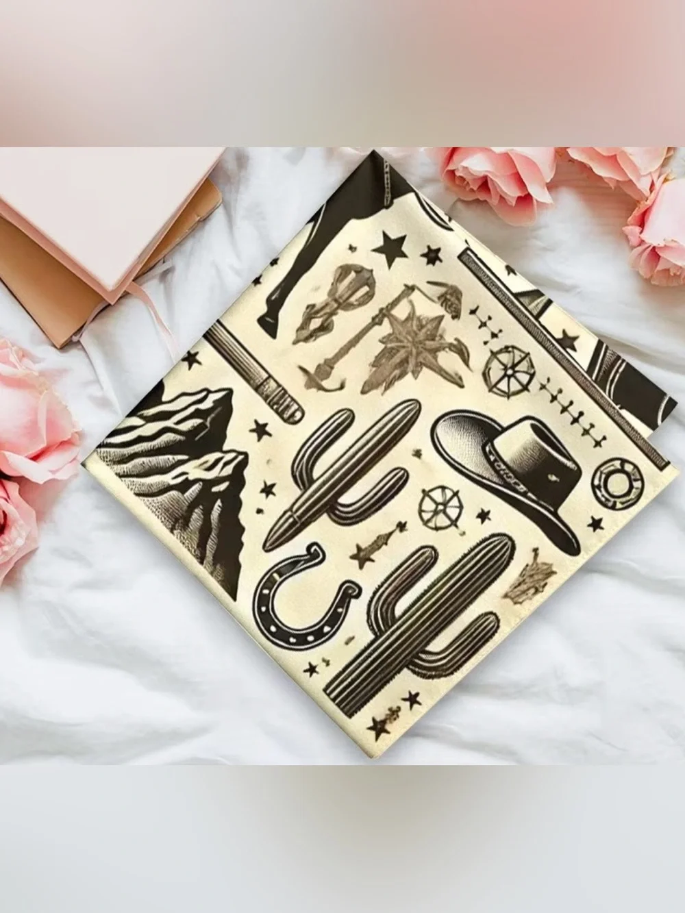 Cowboy Print Western Scarf - Cream & Black